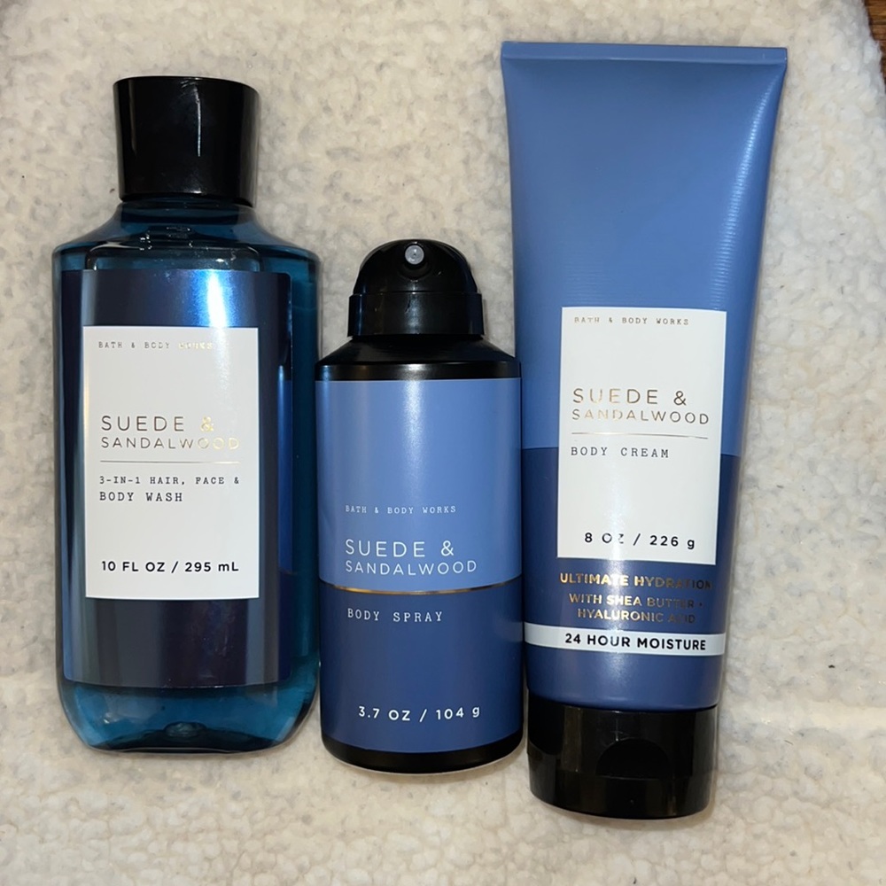 BBW MENS 3pc set Suede & Sandalwood Body Wash/Spray/cream
